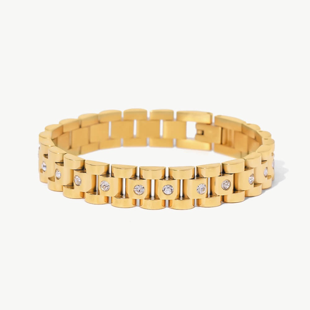 Gorgeous 18K Gold Plated Stainless Steel Rhinestone Unisex Chain Link Bracelet
